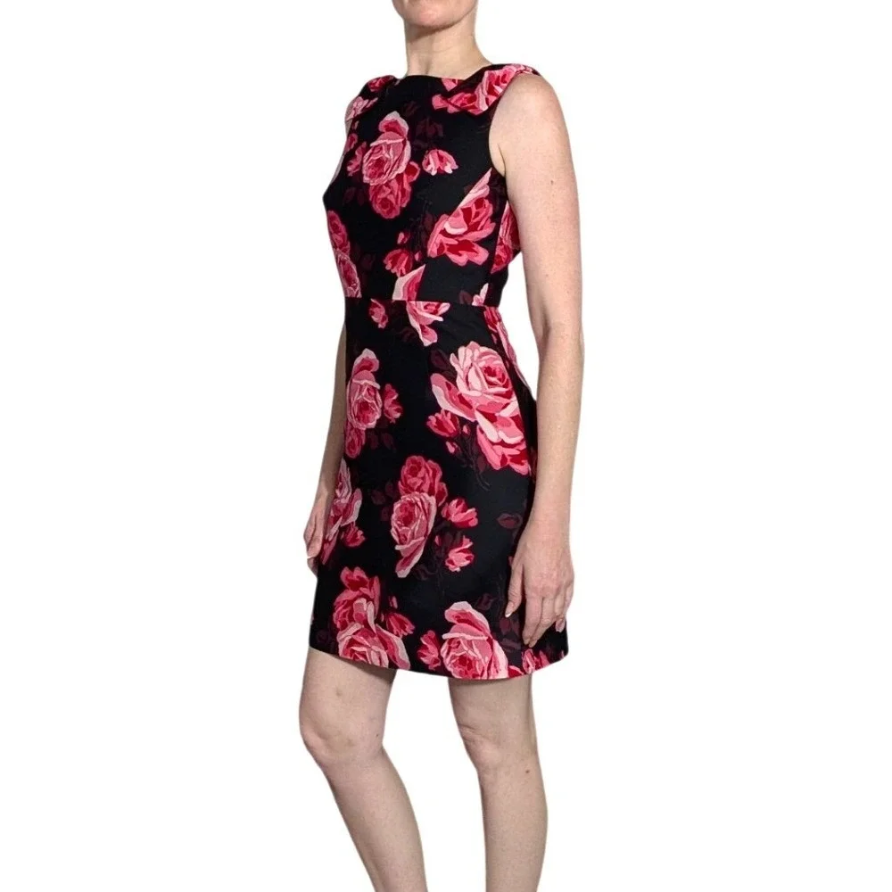 Kate Spade New York Rosa A-Line Rose Print Bow Shoulder Dress Black Pink Size 2‎